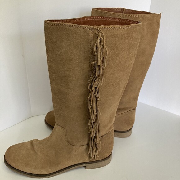 Lucky Brand Boot LK Grayer 7.5M Suede Tan Pullon Flyaway Fringe Mid-Calf Western - Picture 1 of 11